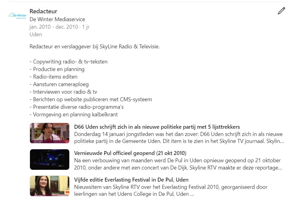 Voorbeeld van een CV op LinkedIn met video's.